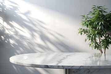 Wall Mural - Marble table with tree shadow drop on white wall background for mockup product display