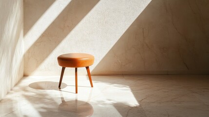 Poster - Elegant Minimalist Interior Scene Featuring a Simple Wooden Stool Bathed in Natural Light with Smooth Marble Floor and Soft Shadow Effects for a Tranquil Atmosphere