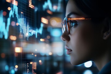 Poster - A focused woman carefully study graphical data on multiple futuristic screens, symbolizing analytics, technology, and precision in contemporary data-driven environments.