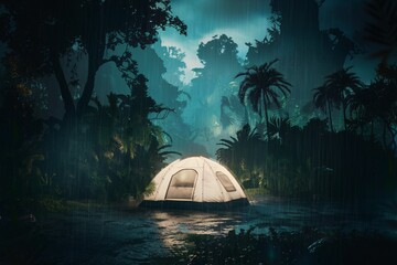 a cinematic medium shot of a illuminated tent in a dark rainforest during heavy rain. the tent is pl