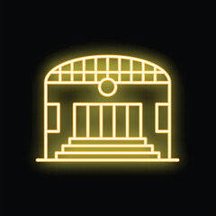Poster - Glowing neon sign representing a building with stairs and large doors on a black background