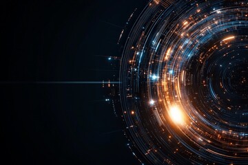 Poster - The image displays a dynamic vortex of digital energy, represented by glowing blue and orange lines spiraling in a circular motion on a dark background.