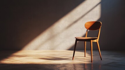 Poster - Minimalist Wooden Chair in Soft Light with Dramatic Shadows on Wall Showcasing Modern Design and Elegant Aesthetics in an Empty Interior Space