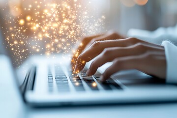 Poster - A pair of hands swiftly typing on a laptop keyboard, surrounded by a burst of magical sparkles, symbolizing creativity and digital innovation in a modern workspace.