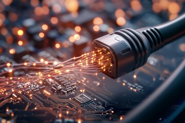Poster - An ethernet cable displays vibrant data flow as it connects to a circuit board, illustrating the dynamic exchange of information crucial in modern communication technology.
