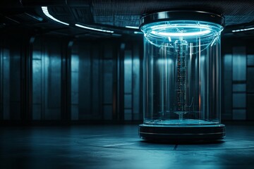 Poster - A futuristic chamber bathed in blue light showcases advanced technology in a sleek, metallic setting, evoking themes of innovation and mystery.