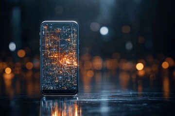 Poster - A sleek, high-tech smartphone with digital circuits glowing, representing modern communication and the seamless integration of technology into daily life.
