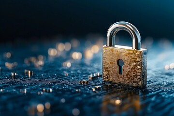 Poster - A metallic padlock sits on a circuit board, symbolizing the importance of cybersecurity and data protection in the modern digital landscape.