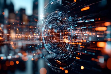 Poster - A circular glow symbolizes the flow of digital data, highlighted by bright orange and blue lights, illustrating speed, connectivity, and information technology.