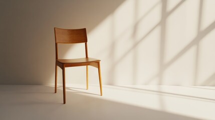 Poster - Minimalist Wooden Chair Casting Shadows in Sunlight, Highlighting Interior Design Aesthetics and Simple Elegance in a Calm Space