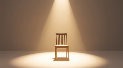 Poster - A Minimalist Wooden Chair Illuminated by Soft Light in an Empty Space, Evoking Feelings of Solitude and Reflection in a Tranquil Studio Setting