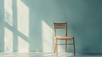 Poster - Minimalist Wooden Chair in a Softly Lit Room with Gentle Shadows and a Calm Blue Wall, Perfect for Interior Design and Relaxation Themes