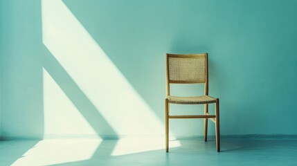 Poster - Minimalist Wooden Chair Illuminated by Soft Natural Light Against a Serene Teal Wall in a Calm Interior Space, Perfect for Interior Design Themes