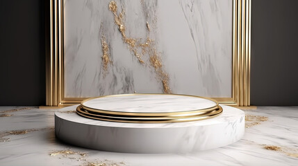 Poster - White marble pedestal with gold in the studio room, mockup stand for presentation.