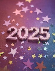 Wall Mural - text 2025 written in shiny numbers on colorful background with stars and sparkles 