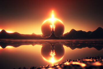 Poster - Alien sci-fi landscape with mountains on the sunrise. Science fiction scene of a distant planet.