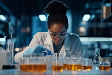 Poster - A scientist engaged in a laboratory experiment, carefully handling liquids, representing the pursuit of knowledge and innovation in modern scientific research.