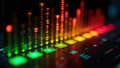 Poster - Colorful LED audio bars glowing in red, green, and yellow on a futuristic grid surface, symbolizing digital sound and data analysis