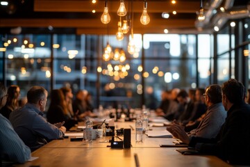 Poster - A conference room filled with professionals engaged in a meeting. The modern space is illuminated by hanging lights, fostering an atmosphere of collaboration.