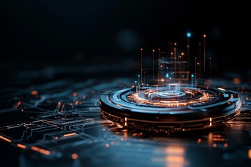 Poster - A futuristic digital interface is displayed with a glowing circuit design, evoking a sense of high-tech innovation and advanced technology.