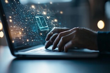 Poster - Fingers typing on a laptop as a digital network is overlaid, symbolizing connectivity, communication, and progress in a technologically advanced workspace.