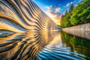 Poster - Closeup of an Abstract Concrete Wall Sculpture Featuring a Flowing Wave Pattern in a Striking Double Exposure Photography Style for Artistic Visuals