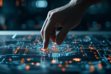 Poster - A fingertip interacts with a futuristic circular digital interface, illustrating the seamless interaction between human touch and advanced technology systems.