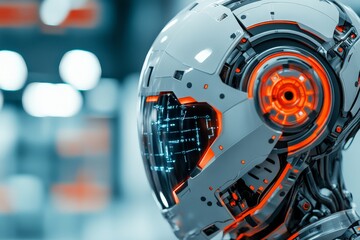 Poster - A futuristic robotic head with a glowing digital interface, representing advanced robotics and the intersection of artificial intelligence and technology.
