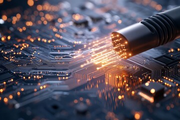 Poster - fiber optic cables emit a bright glow as they rest over a circuit board, symbolizing the speed and e