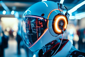 Poster - Close-up of a futuristic robotic helmet featuring intricate neon lighting details, showcasing advanced technology and design in a modern, sci-fi setting.