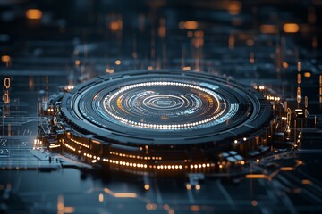 Poster - an abstract circular circuit board with glowing lights, representing cutting-edge technology, digita