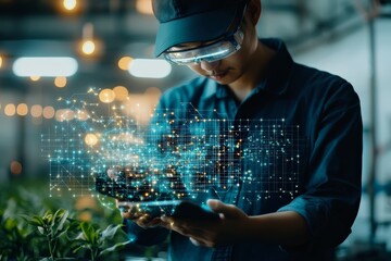 Poster - A person using augmented reality gear meticulously analyzes digital data, depicting technological engagement, innovation, and the future of information interaction.