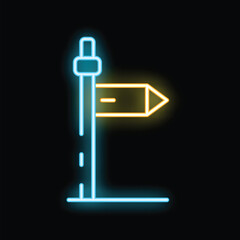 Poster - Bright luminous yellow road sign is showing the way to the right, blue pole with a dashed line on a black background