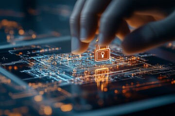 Poster - A hand interacts with a futuristic digital interface, prominently featuring a lock symbol that signifies security, technology, and digital privacy in modern life.