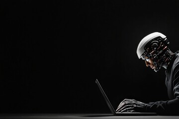 Poster - A solitary robotic entity with a focus on its tasks, efficiently working on a sleek laptop against a dark backdrop, illustrating dedication and technological advancement.