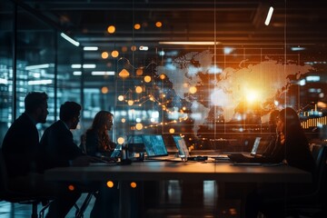 Poster - A group of professionals engage in a meeting in a modern office space, with glowing data screens and a world map overlay representing global connectivity.