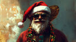 © Ai Photography Class - A unique portrayal of Santa Claus in a hipster style, complete with sunglasses, a festive outfit, and beads. Perfect for unconventional holiday-themed projects and creative Christmas concepts