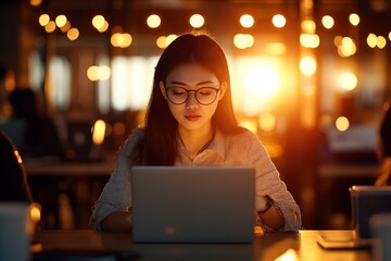 Poster - a young woman focused on her laptop amidst a softly lit, warm environment, representing dedication a