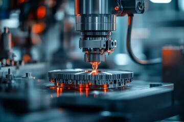 Poster - A machine uses advanced technology to create a detailed metal component, emphasizing the blend of precision engineering with industrial innovation and automation.
