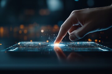 Poster - A finger interacts with a glowing holographic interface, demonstrating the potential of future touch technology and the seamless blend of digital and human interaction.
