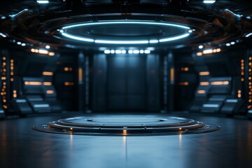Poster - A sleek sci-fi room illuminated by a circular light structure, offering a glimpse into advanced design and the aesthetic of futuristic interior environments.