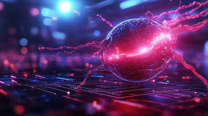 Poster - futuristic holographic sphere with glowing red energy strands