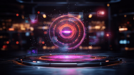 Poster - Futuristic digital interface with neon holographic elements glowing brightly