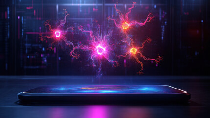 Poster - Futuristic digital ad with neon holographic effects above smartphone
