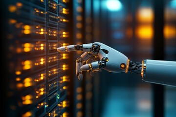 Poster - A robotic hand reaches for a glowing panel in a data center, highlighting the integration of robotics and information technology for efficient data management.