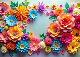 Poster - Colorful Paper Cut Flowers Wall Decor Floral Banner with Copyspace for Text, Beautiful Top View of Floral Arrangement on Empty Background for Creative Design Projects