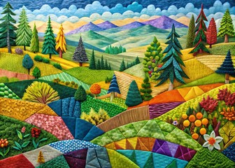 Poster - Colorful Patchwork Patterns with Cutout Paper Pieces for Textile and Decoration Use, Showcasing Unique Designs and Textures in a Vibrant Landscape Style