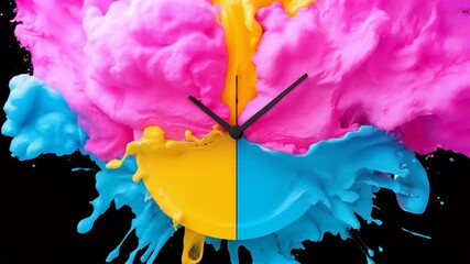 Poster - Vibrant Clock Surrounded by Colorful Splashes of Pink, Blue, and Yellow Paint Against a Dark Background for Creative and Artistic Themes