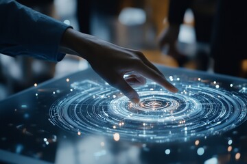 Poster - This image shows a hand delicately interacting with an advanced digital interface on a touchscreen, representing modern technology and human-machine interaction.