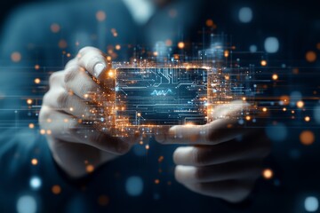 Poster - A close-up of hands holding a futuristic card embedded with glowing digital circuits, representing cutting-edge technology and connectivity in a connected world.